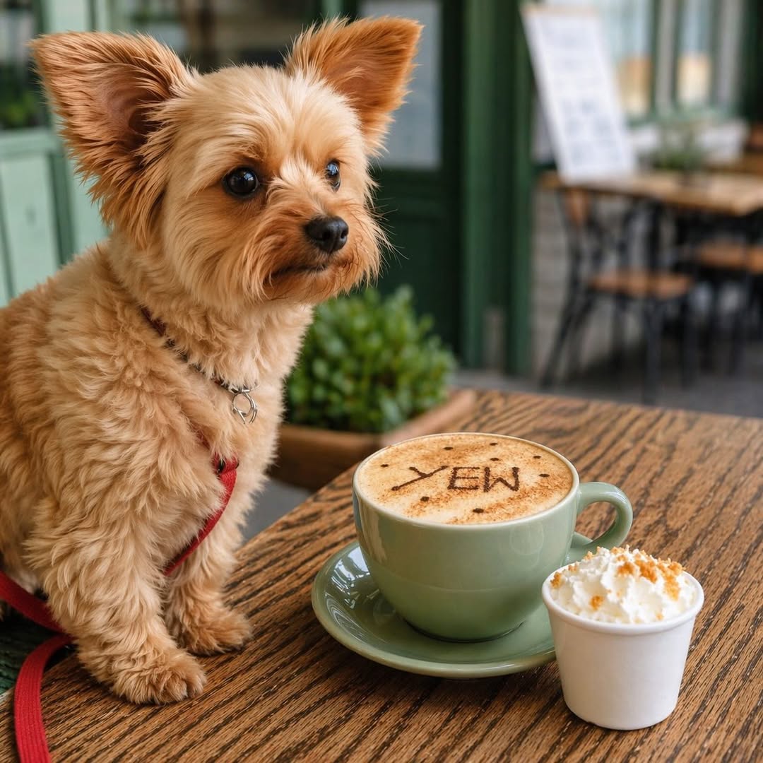 A small dog with a Yew Coffee drink at an outside table